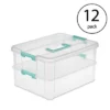 Sterilite Convenient Small Home 2-Tiered Layer Stack Carry Storage Box With Colored Accent Secure Latching Lid, Clear (12 Pack)
