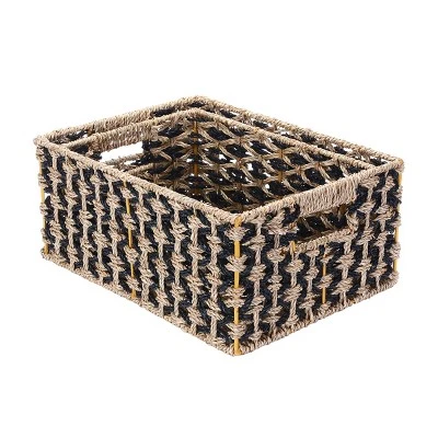 Villacera Rectangle Hand Weaved Wicker Baskets Made Of Water Hyacinth | Nesting Black And Natural Seagrass Bins | Set Of 2 1 Villacera Rectangle Hand Weaved Wicker Baskets Made Of Water Hyacinth | Nesting Black And Natural Seagrass Bins | Set Of 2