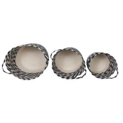 Set Of 3 White & Blue Baskets Cotton & Rope - Foreside Home & Garden 5 Set Of 3 White & Blue Baskets Cotton & Rope - Foreside Home & Garden - Image 5