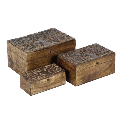 Set Of 3 Rustic Carved Mango Wood Boxes - Olivia & May 5 Set Of 3 Rustic Carved Mango Wood Boxes - Olivia & May - Image 5
