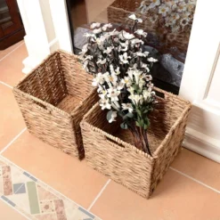 Set Of 2 Handmade Wicker Baskets - 12-Inch Square Foldable Storage Bins With Handles - Made Of Hand-Twisted Water Hyacinth By Villacera (Natural) -IRIS Storage Deals Store GUEST 12a5ea46 ea47 4a5d a7d8 f666b432f6af