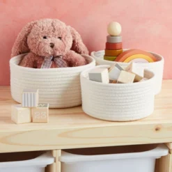 Farmlyn Creek 3-Pack Round Cotton Woven Baskets For Storage, White Home Organizers (3 Sizes)