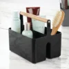 MDesign Plastic Tote, Divided Basket Bin With Wood Handle