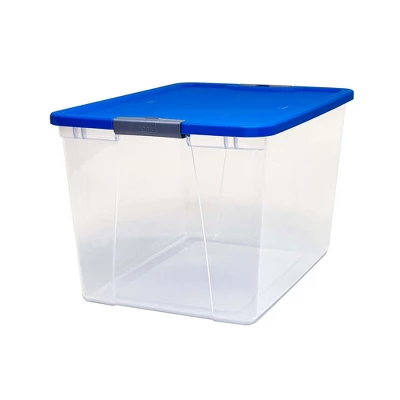 Homz 64 Quart Secured Seal Latch Extra Large Single Clear Stackable Storage Container Tote With Blue Lid For Home, Garage, Or Basement (2 Pack) 1 Homz 64 Quart Secured Seal Latch Extra Large Single Clear Stackable Storage Container Tote With Blue Lid For Home, Garage, Or Basement (2 Pack)