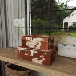 Set Of 2 Cowhide Leather Decorative Boxes Brown/White - Olivia & May -IRIS Storage Deals Store GUEST 1eff300b db80 444c 90a7 9e9d65a45dfd