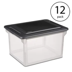 Sterilite 18689004 Versatile Clear Home Organizing Storage File Container Box With Black Secure Seal Lid For Letters And Legal Sized Folders (12 Pack)