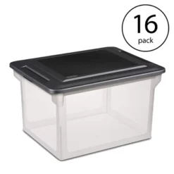 Sterilite 18689004 Versatile Clear Home Organizing Storage File Container Box With Black Secure Seal Lid For Letters And Legal Sized Folders (16 Pack)