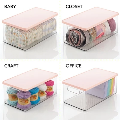 MDesign Plastic Storage Bin Box Container - Lid, Built-In Handles, Clear/Pink 2 MDesign Plastic Storage Bin Box Container - Lid, Built-In Handles, Clear/Pink - Image 2
