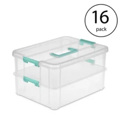 Sterilite Convenient Small Home 2-Tiered Layer Stack Carry Storage Box With Colored Accent Secure Latching Lid, Clear (16 Pack)