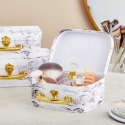 Set Of 3 Different Sizes Of Paperboard Suitcases With Metal Handles, Decorative Cardboard Storage Boxes, Snakeskin Print