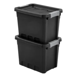 Sterilite 7.5 Gallon Stackable Rugged Industrial Storage Tote Containers With Gray Latching Clip Lids For Garage, Attic, Or Worksite, Black -IRIS Storage Deals Store GUEST 350cca35 c84c 4617 976d 7414b1837e66