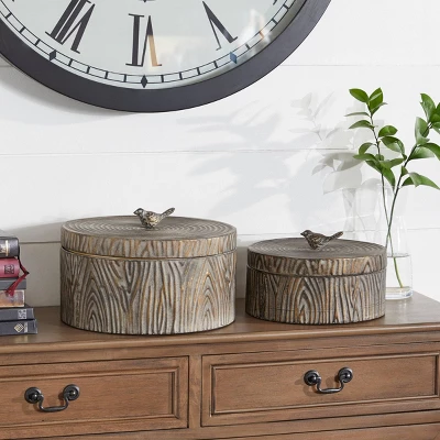 Set Of 2 Round Antique Bronze Metal Boxes With Bird Handled Lid - Olivia & May 2 Set Of 2 Round Antique Bronze Metal Boxes With Bird Handled Lid - Olivia & May - Image 2