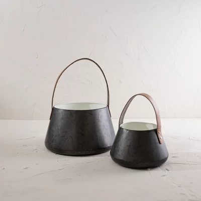 Set Of 2 Handled Baskets Metal & Faux Leather - Foreside Home & Garden 1 Set Of 2 Handled Baskets Metal & Faux Leather - Foreside Home & Garden