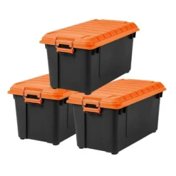 IRIS 3pk 82 Qt Store-it-All Container Black With Orange Lids And Buckles