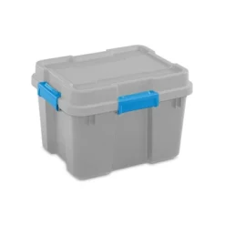 Sterilite 20 Gallon Heavy Duty Plastic Home Organizing Stackable Storage Container Tote Box With Secure Latching Lid, Gray/Blue, (12 Pack)