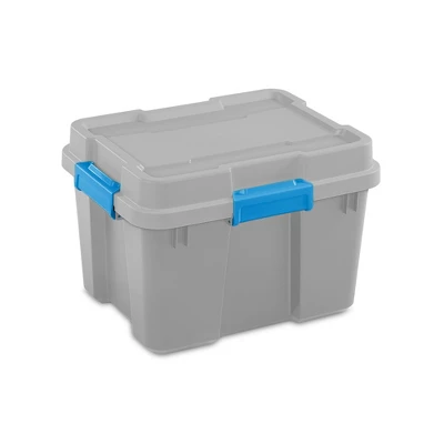 Sterilite 20 Gallon Heavy Duty Plastic Home Organizing Stackable Storage Container Tote Box With Secure Latching Lid, Gray/Blue, (12 Pack) 1 Sterilite 20 Gallon Heavy Duty Plastic Home Organizing Stackable Storage Container Tote Box With Secure Latching Lid, Gray/Blue, (12 Pack)