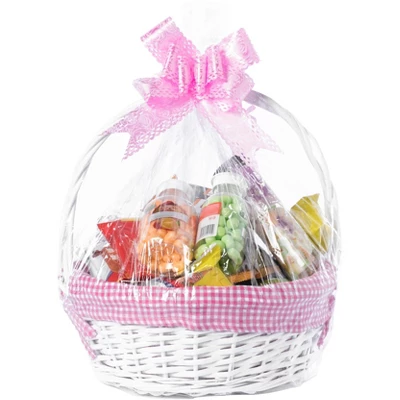 Wickerwise White Round Willow Gift Basket, With Gingham Liner And Handles 1 Wickerwise White Round Willow Gift Basket, With Gingham Liner And Handles