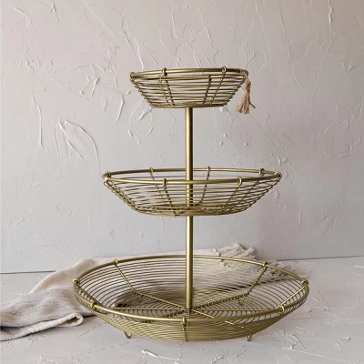 3-Tiered Basket Riser Brass Metal With Jute Tassel By Foreside Home & Garden 1 3-Tiered Basket Riser Brass Metal With Jute Tassel By Foreside Home & Garden