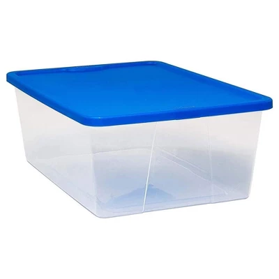 Homz Snaplock 12-Quart Plastic Multipurpose Stackable Storage Container Bins With Blue Snaplock Lid For Home And Office Organization, Clear (4 Pack) 1 Homz Snaplock 12-Quart Plastic Multipurpose Stackable Storage Container Bins With Blue Snaplock Lid For Home And Office Organization, Clear (4 Pack)