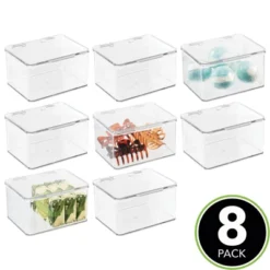MDesign Plastic Stackable Bathroom Organizer Bin, Hinged Lid - 8 Pack