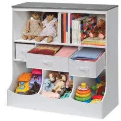 Combo Bin Storage Unit With Three Baskets - Solid White/Woodgrain Gray