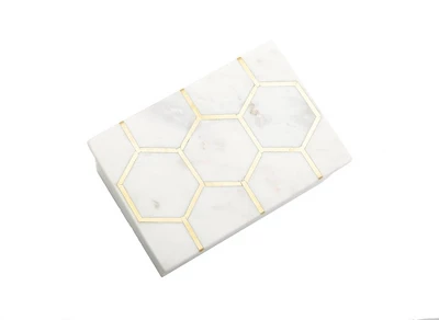 Classic Touch White Marble Decorative Box W/ Gold Hexagon Design On Cover 2 Classic Touch White Marble Decorative Box W/ Gold Hexagon Design On Cover - Image 2