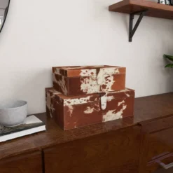 Set Of 2 Cowhide Leather Decorative Boxes Brown/White - Olivia & May -IRIS Storage Deals Store GUEST 478a3f4c 04d2 4b7a 9521 d41c551ee2f2