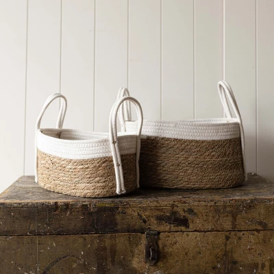 Set Of 2 Oblong Handled Baskets Seagrass & White Cotton Rope By Foreside Home & Garden 1 Set Of 2 Oblong Handled Baskets Seagrass & White Cotton Rope By Foreside Home & Garden