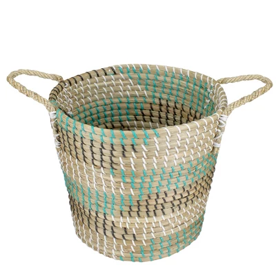 Northlight 14" Natural Woven Seagrass Basket With Teal, Black And White Accents 3 Northlight 14" Natural Woven Seagrass Basket With Teal, Black And White Accents - Image 3