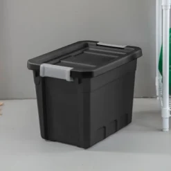 Sterilite 7.5 Gallon Stackable Rugged Industrial Storage Tote Containers With Gray Latching Clip Lids For Garage, Attic, Or Worksite, Black -IRIS Storage Deals Store GUEST 4bdbbe4f 127a 42f8 b3c1 1881e42e3beb