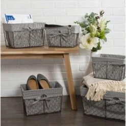 Design Imports Set Of 5 Rustic Bronze Chicken Wire Ticking Stripe Liner Baskets Black/White -IRIS Storage Deals Store GUEST 4da6ea9f e053 44a0 9372 5f97a50b26f9