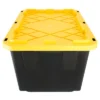 GreenMade Professional Storage Ultra Durable 27 Gallon Plastic Storage Tote Bin With Snap Fit Lid And Padlock Holes, Black And Yellow (4 Pack)