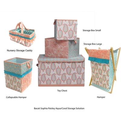 Bacati - Sophia Paisley Aqua/Coral Fabric Storage Toy Chest 2 Bacati - Sophia Paisley Aqua/Coral Fabric Storage Toy Chest - Image 2