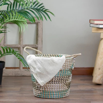 Northlight 14" Natural Woven Seagrass Basket With Teal, Black And White Accents 1 Northlight 14" Natural Woven Seagrass Basket With Teal, Black And White Accents