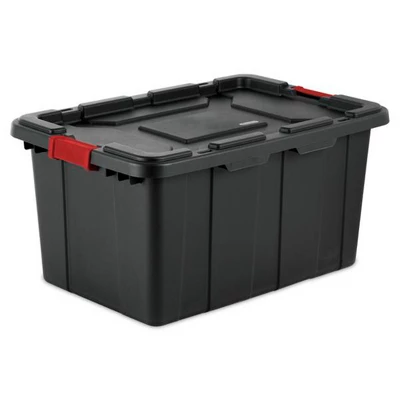 Sterilite 27-Gallon Large Stackable Rugged Storage Tote Container With Red Latching Clip Lid For Garage, Attic, Worksite, Or Camping, Black 1 Sterilite 27-Gallon Large Stackable Rugged Storage Tote Container With Red Latching Clip Lid For Garage, Attic, Worksite, Or Camping, Black