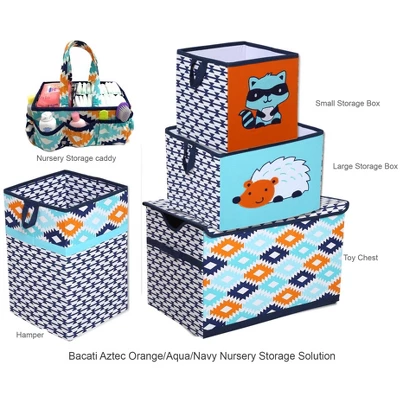 Bacati - Liam Aztec Design Aqua/Orange/Navy Storage Toy Chest 2 Bacati - Liam Aztec Design Aqua/Orange/Navy Storage Toy Chest - Image 2