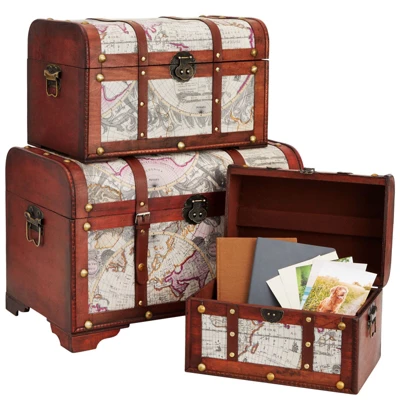Juvale Set Of 3 Small Wooden Storage Trunks And Chests, Living Room Décor Suitcases With Antique Map Print For Jewelry, 3 Sizes 5 Juvale Set Of 3 Small Wooden Storage Trunks And Chests, Living Room Décor Suitcases With Antique Map Print For Jewelry, 3 Sizes - Image 5