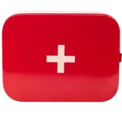 Mind Reader Galvanized Steel Vintage First Aid Storage Box, Wall Mounting Container With Buckle Lock, Organizer For Medical Supplies, Locking Tin, Red