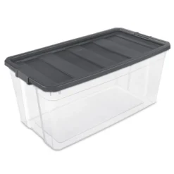 Sterilite Storage System Solution With 200 Quart Clear Stackable Storage Box Organization Containers With Grey Latching Lid