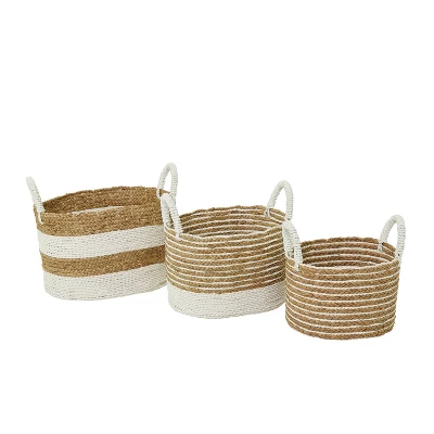 Set Of 3 Seagrass Storage Baskets Brown/White - Olivia & May 1 Set Of 3 Seagrass Storage Baskets Brown/White - Olivia & May