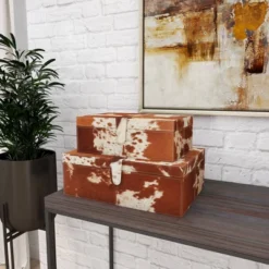Set Of 2 Cowhide Leather Decorative Boxes Brown/White - Olivia & May -IRIS Storage Deals Store GUEST 67172034 5d48 452d bef0 5207cf464b62
