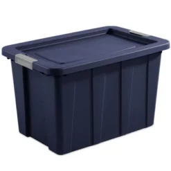 Sterilite Tuff1 30 Gallon Plastic Stackable Basement Garage Attic Storage Organizer Tote Container Bin With Latching Lid, Dark Indigo Blue (8 Pack)