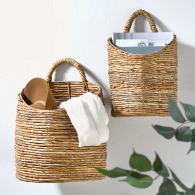 MDesign Woven Banana Bark Hanging Wall Storage Basket - Set Of 2 - Natural/Tan 2 MDesign Woven Banana Bark Hanging Wall Storage Basket - Set Of 2 - Natural/Tan - Image 2