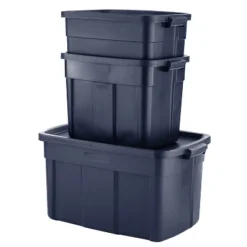 Rubbermaid Roughneck Home/Office 18 Gallon Rugged Latching Plastic Storage Tote With Lid, Dark Indigo Metallic (12 Pack)