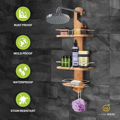 JumblWare Bamboo Shower Caddy, Hanging 3-Tier Shower Organizer 1 JumblWare Bamboo Shower Caddy, Hanging 3-Tier Shower Organizer