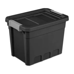 Sterilite 7.5 Gallon Stackable Rugged Industrial Storage Tote Containers With Gray Latching Clip Lids For Garage, Attic, Or Worksite, Black