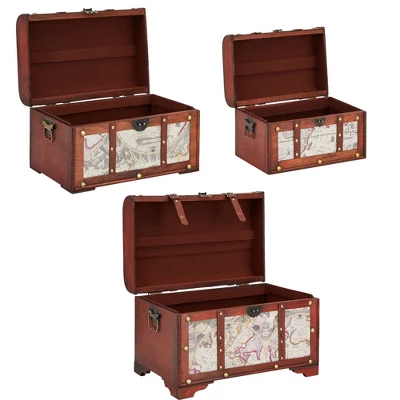 Juvale Set Of 3 Small Wooden Storage Trunks And Chests, Living Room Décor Suitcases With Antique Map Print For Jewelry, 3 Sizes 8 Juvale Set Of 3 Small Wooden Storage Trunks And Chests, Living Room Décor Suitcases With Antique Map Print For Jewelry, 3 Sizes - Image 8