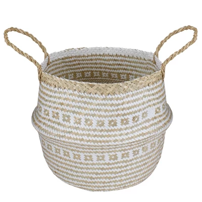 Northlight 17" Beige And White Large Seagrass Belly Basket With Handles 2 Northlight 17" Beige And White Large Seagrass Belly Basket With Handles - Image 2