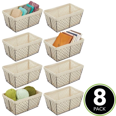 MDesign Medium Chicken Wire Storage Basket, Fabric Liner, 8 Pack, Bronze/Natural 1 MDesign Medium Chicken Wire Storage Basket, Fabric Liner, 8 Pack, Bronze/Natural