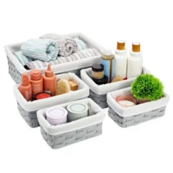 Juvale 5-Piece Grey Woven Nesting Baskets With Cloth Lining For Storage, Small Decorative Lined Rectangular Wicker Bins Set For Organizing (3 Sizes) -IRIS Storage Deals Store GUEST 8262ce73 6391 46e0 a1a3 52823c4b0bf5